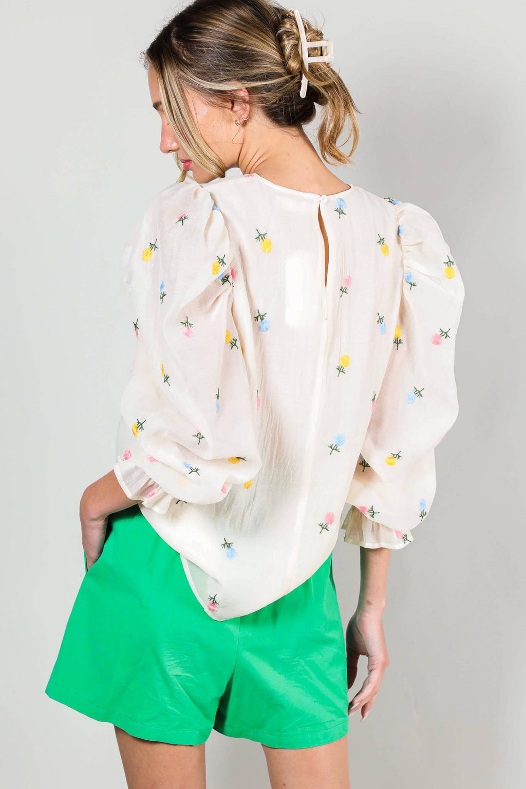 Madison - Floral Embroidered Long Puff Organza Blouse Top