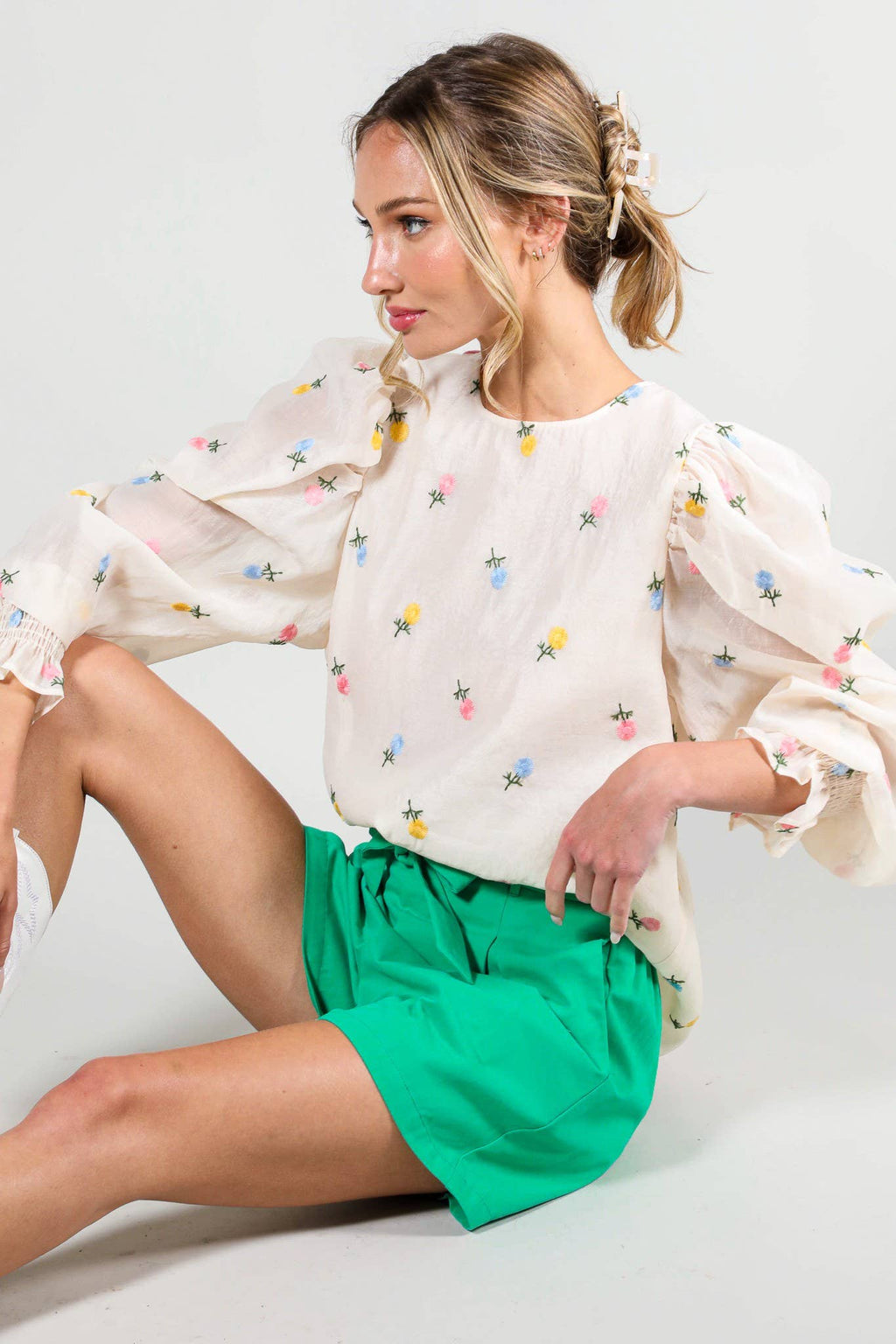 Madison - Floral Embroidered Long Puff Organza Blouse Top