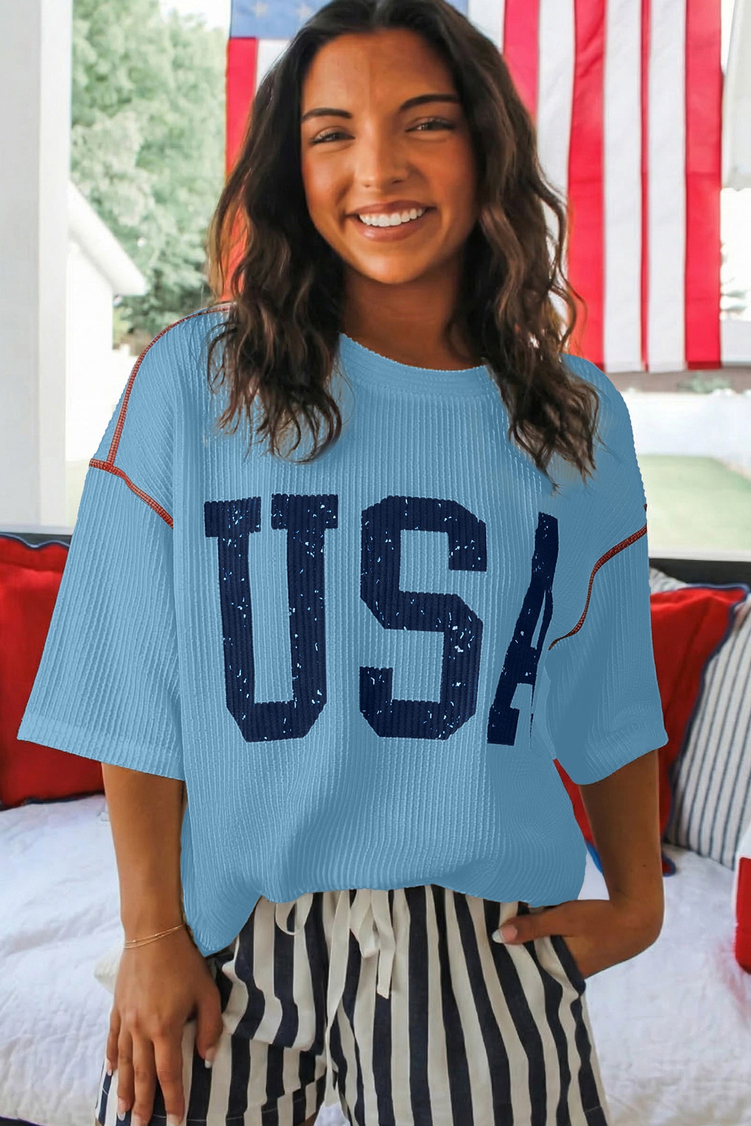 White USA Graphic Half Sleeve Loose Ribbed Top